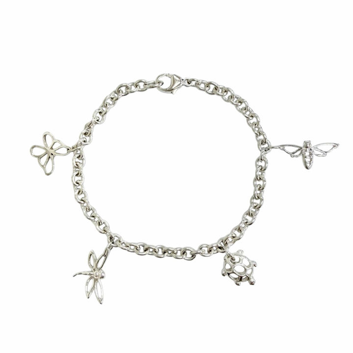 Great TIFFANY&Co. 4 Charm Bracelet Butterfly Dragonfly Turtle Bee Silver 925