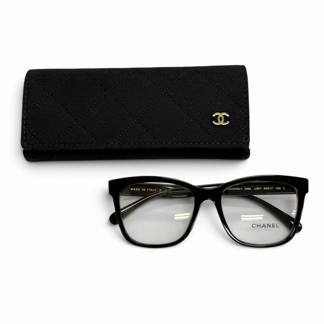 Great CHANEL Glasses Square Shape Optical COCO Mark Logo Eyewear black 3392