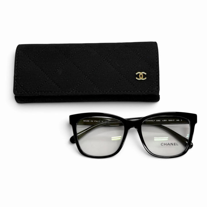Great CHANEL Glasses Square Shape Optical COCO Mark Logo Eyewear black 3392