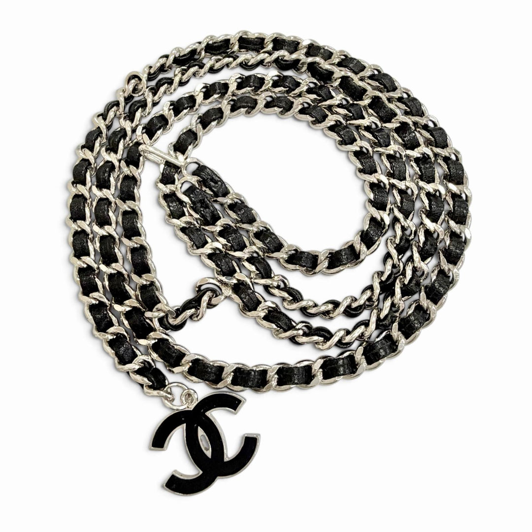Very Good CHANEL COCO Mark Leather Chain Silver leather Women 04A