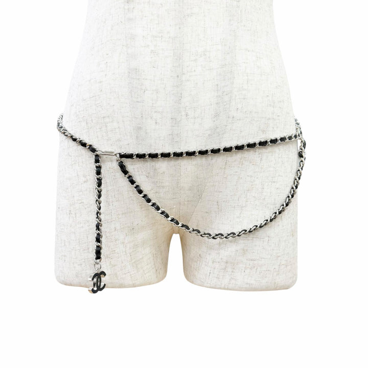 Very Good CHANEL COCO Mark Leather Chain Silver leather Women 04A