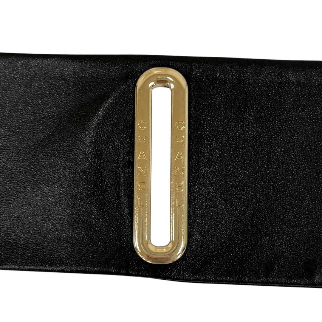 Great CHANEL Stall Logo embossed long leather black Women S A25S