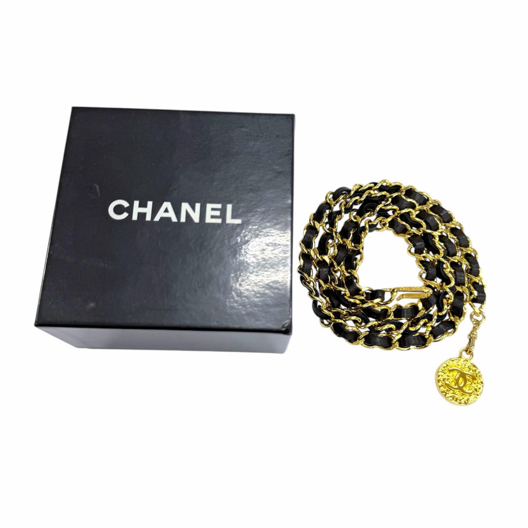 Great CHANEL belt COCO Mark Coin Leather Chain gold leather Women