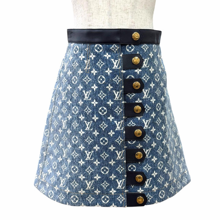 Excellent LOUIS VUITTON Mini skirt Logo gold buttons, monogram denim, IT 36