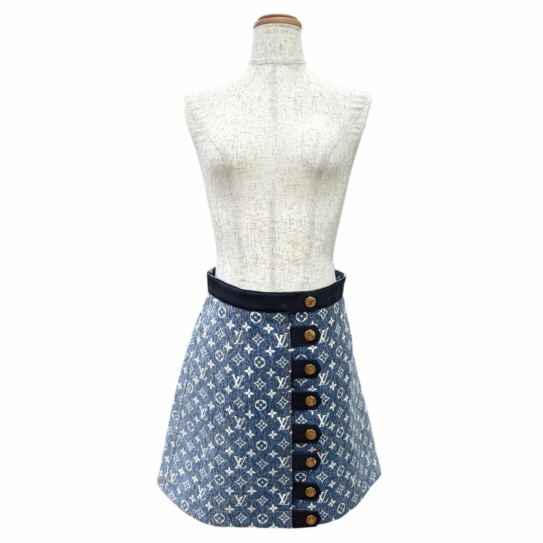 Excellent LOUIS VUITTON Mini skirt Logo gold buttons, monogram denim, IT 36