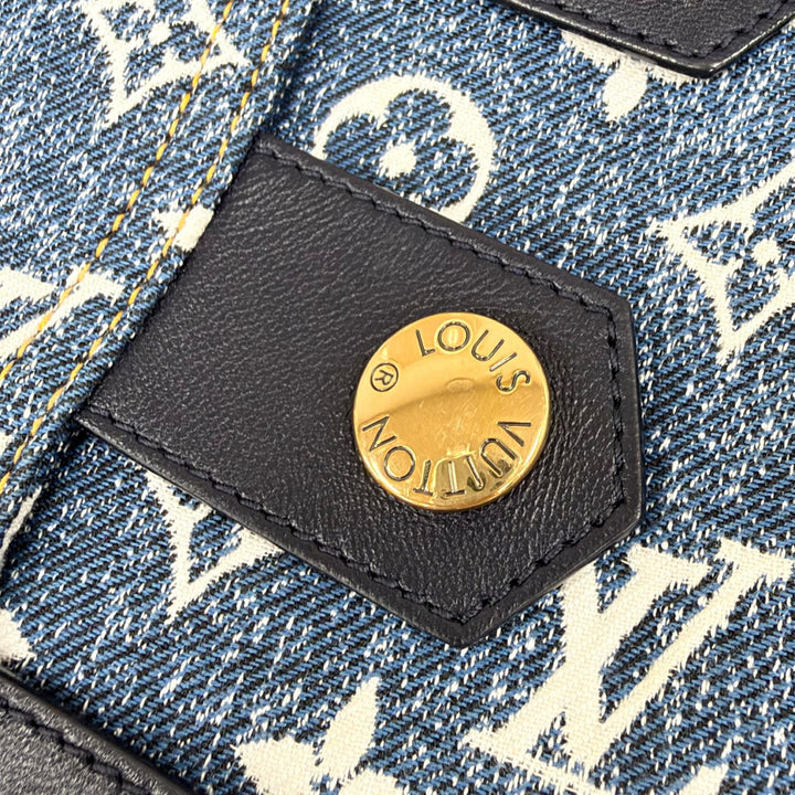 Excellent LOUIS VUITTON Mini skirt Logo gold buttons, monogram denim, IT 36