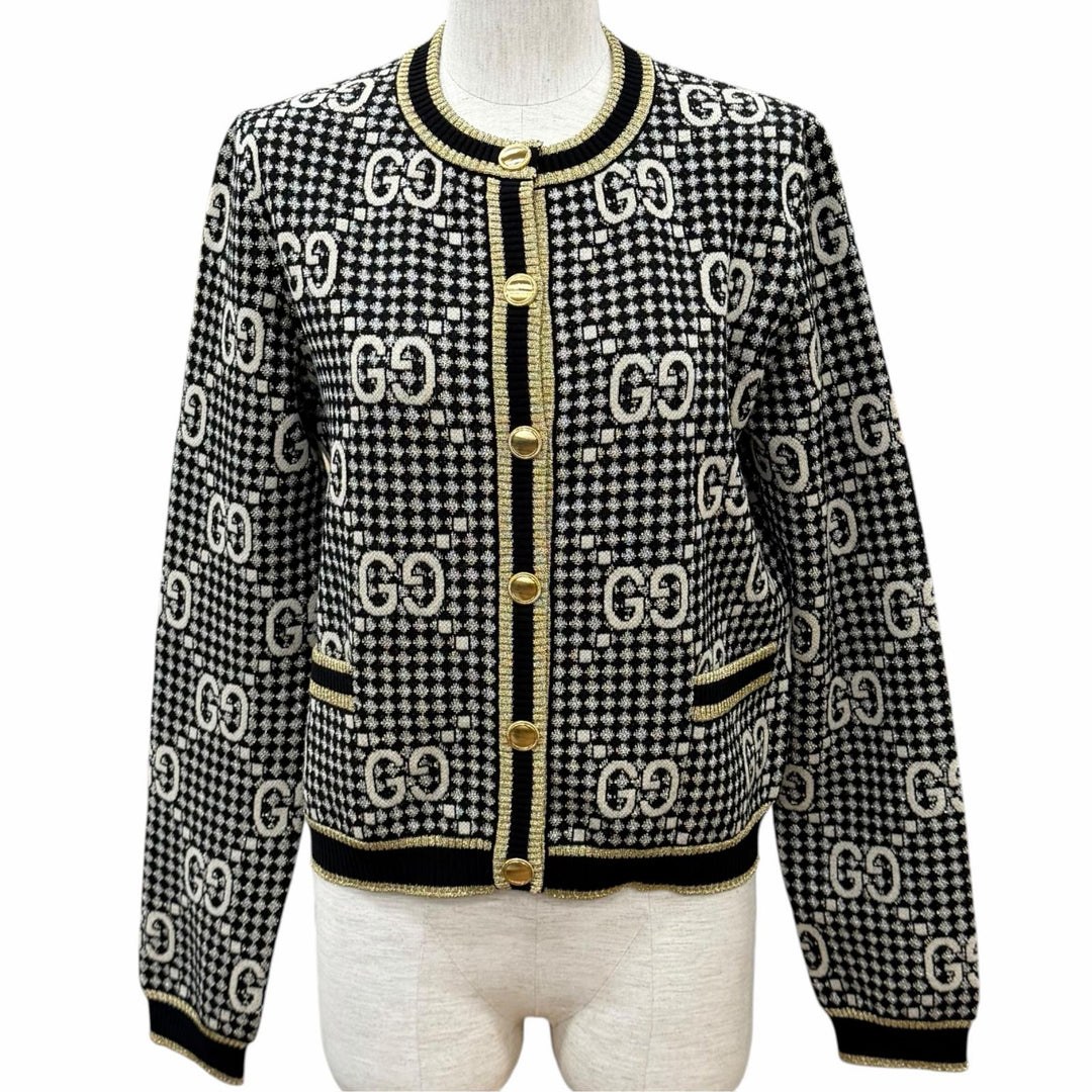 Excellent GUCCI cardigan GG crew neck shirt with gold buttons wool M 743321