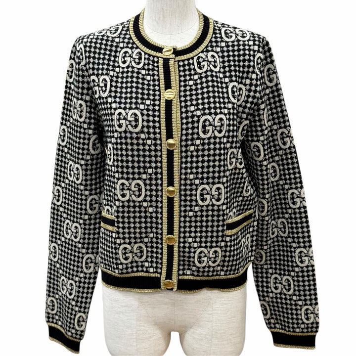 Excellent GUCCI cardigan GG crew neck shirt with gold buttons wool M 743321