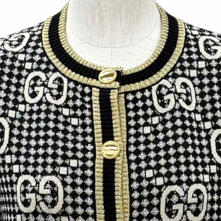 Excellent GUCCI cardigan GG crew neck shirt with gold buttons wool M 743321