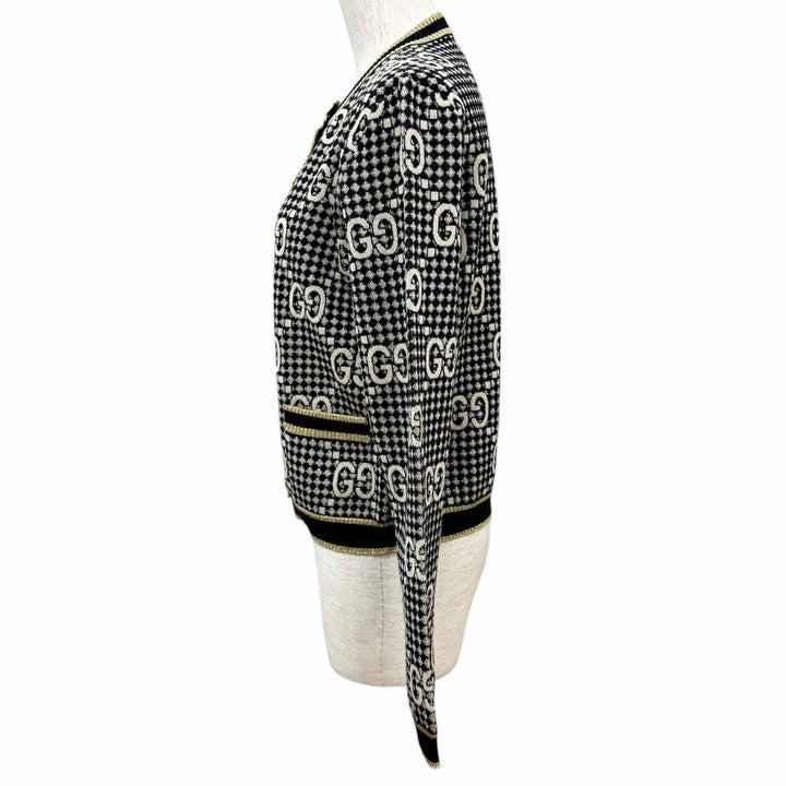 Excellent GUCCI cardigan GG crew neck shirt with gold buttons wool M 743321