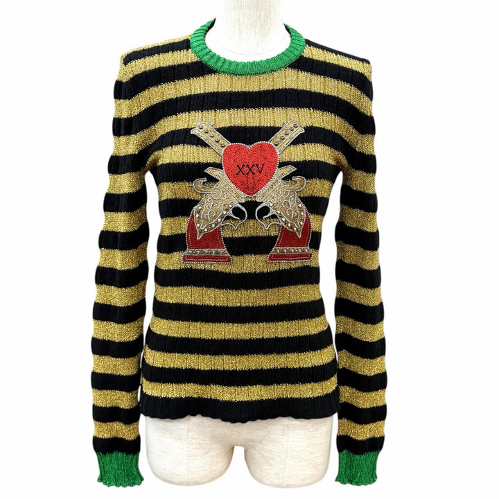 Excellent GUCCI knit Border Rhinestone Heart gold wool Women S 482366
