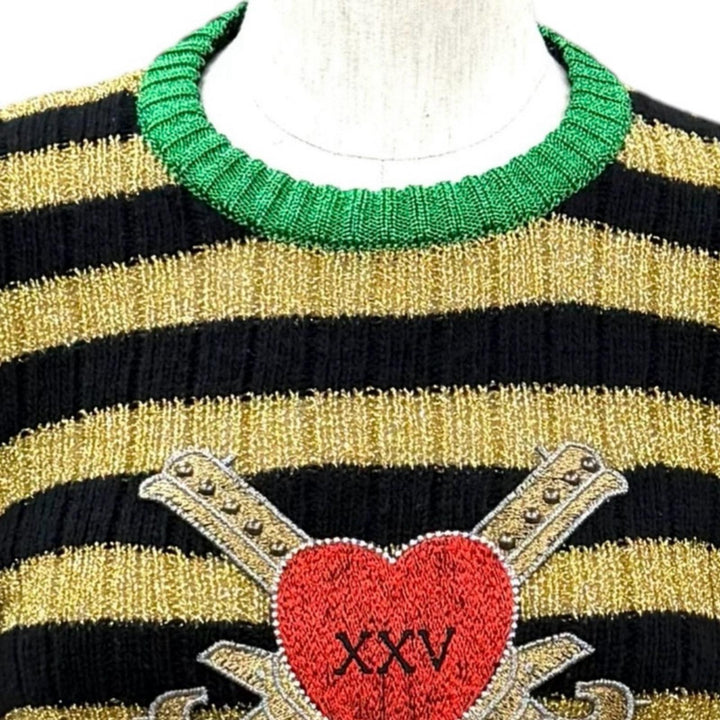 Excellent GUCCI knit Border Rhinestone Heart gold wool Women S 482366