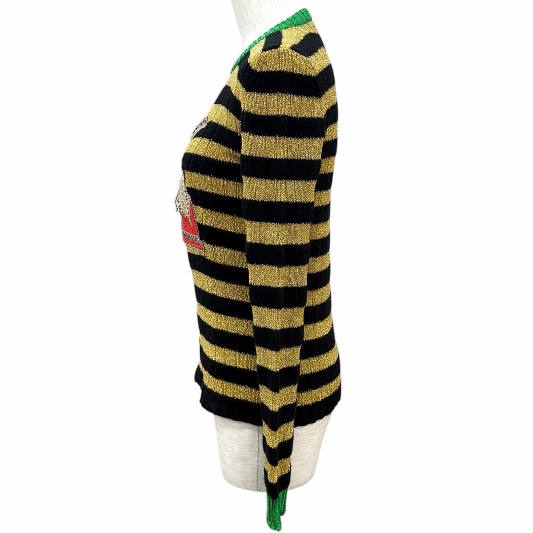 Excellent GUCCI knit Border Rhinestone Heart gold wool Women S 482366