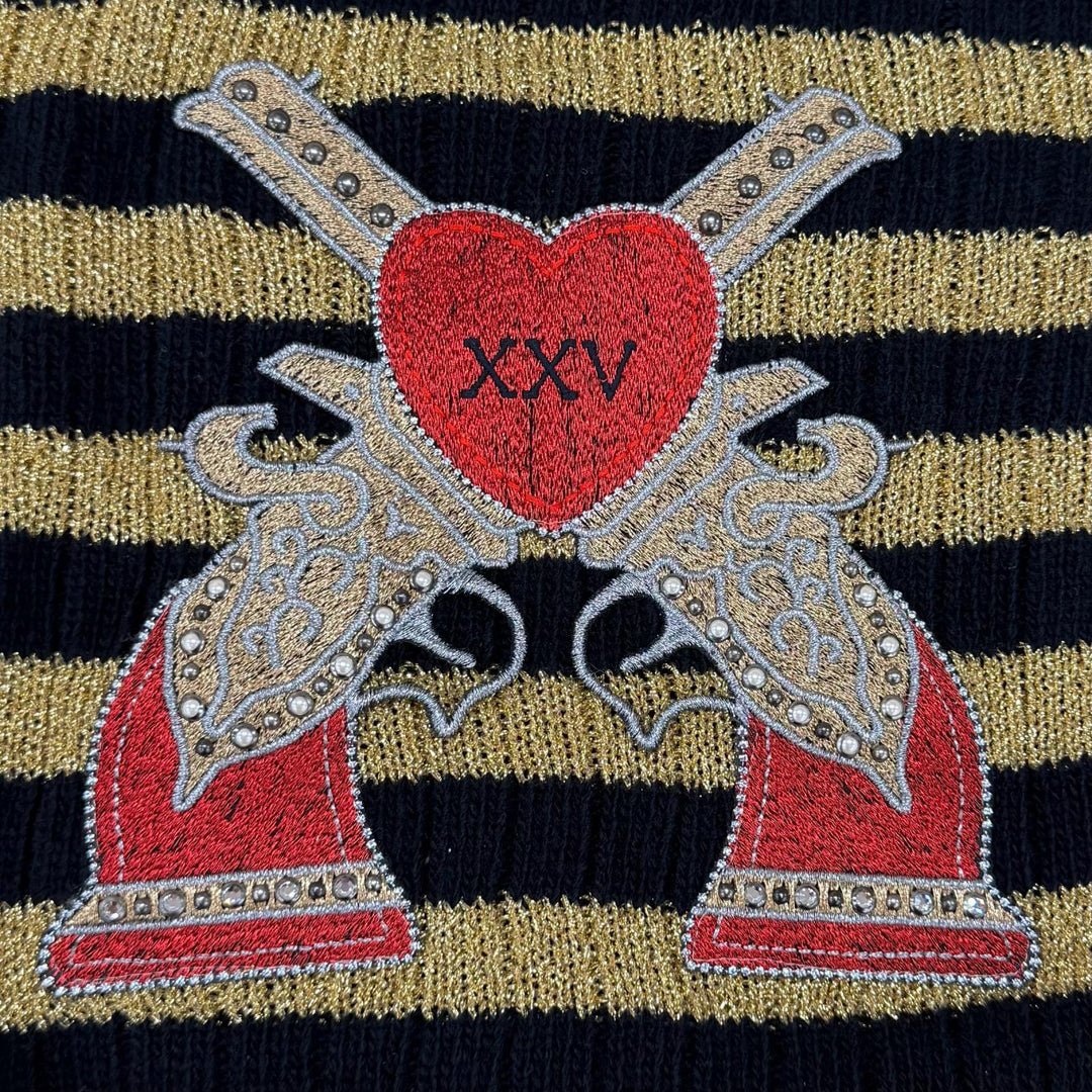 Excellent GUCCI knit Border Rhinestone Heart gold wool Women S 482366