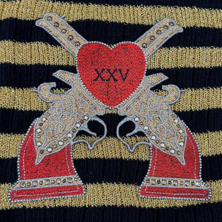 Excellent GUCCI knit Border Rhinestone Heart gold wool Women S 482366