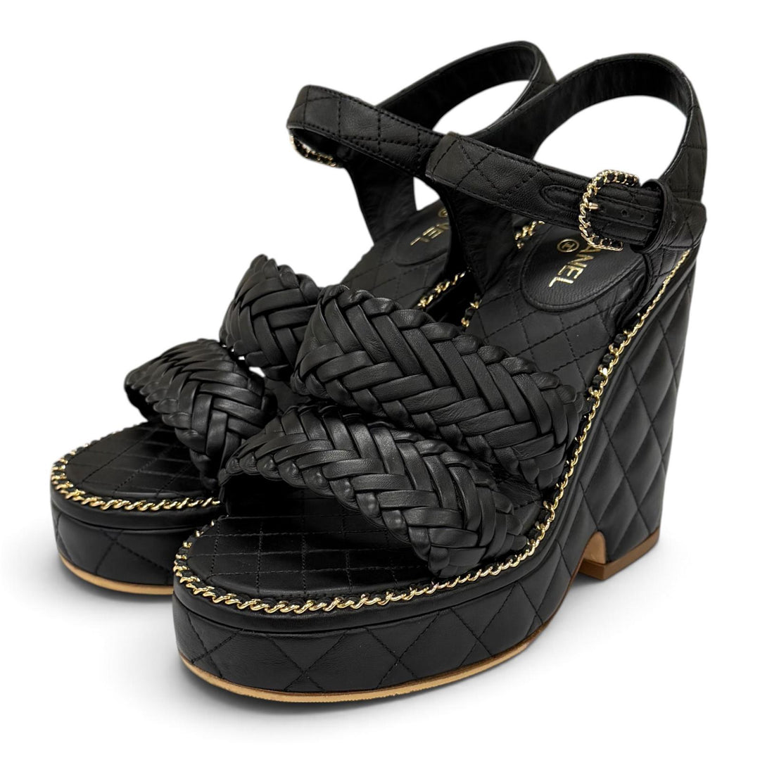 Great CHANEL Sandals COCO Mark Matelassé Wedge Heel Leather black 35 G30758