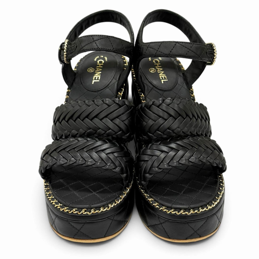 Great CHANEL Sandals COCO Mark Matelassé Wedge Heel Leather black 35 G30758