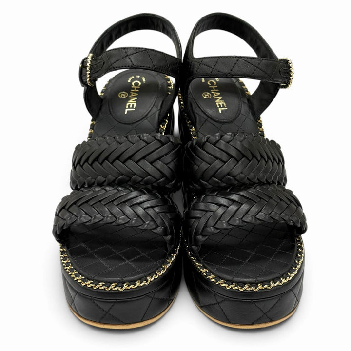 Great CHANEL Sandals COCO Mark Matelassé Wedge Heel Leather black 35 G30758