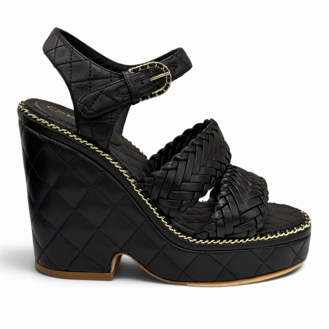 Great CHANEL Sandals COCO Mark Matelassé Wedge Heel Leather black 35 G30758