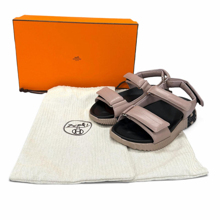 Pristine HERMES Sandals Junior H-Design Velcro Leather Pink leather Women IT 38