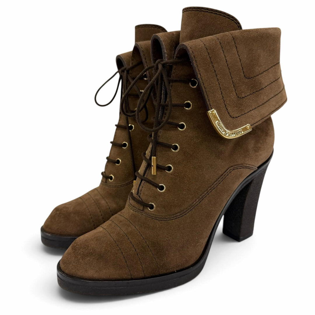 Excellent LOUIS VUITTON short boots Logo Metal Lace-up Suede Leather Brown IT 36