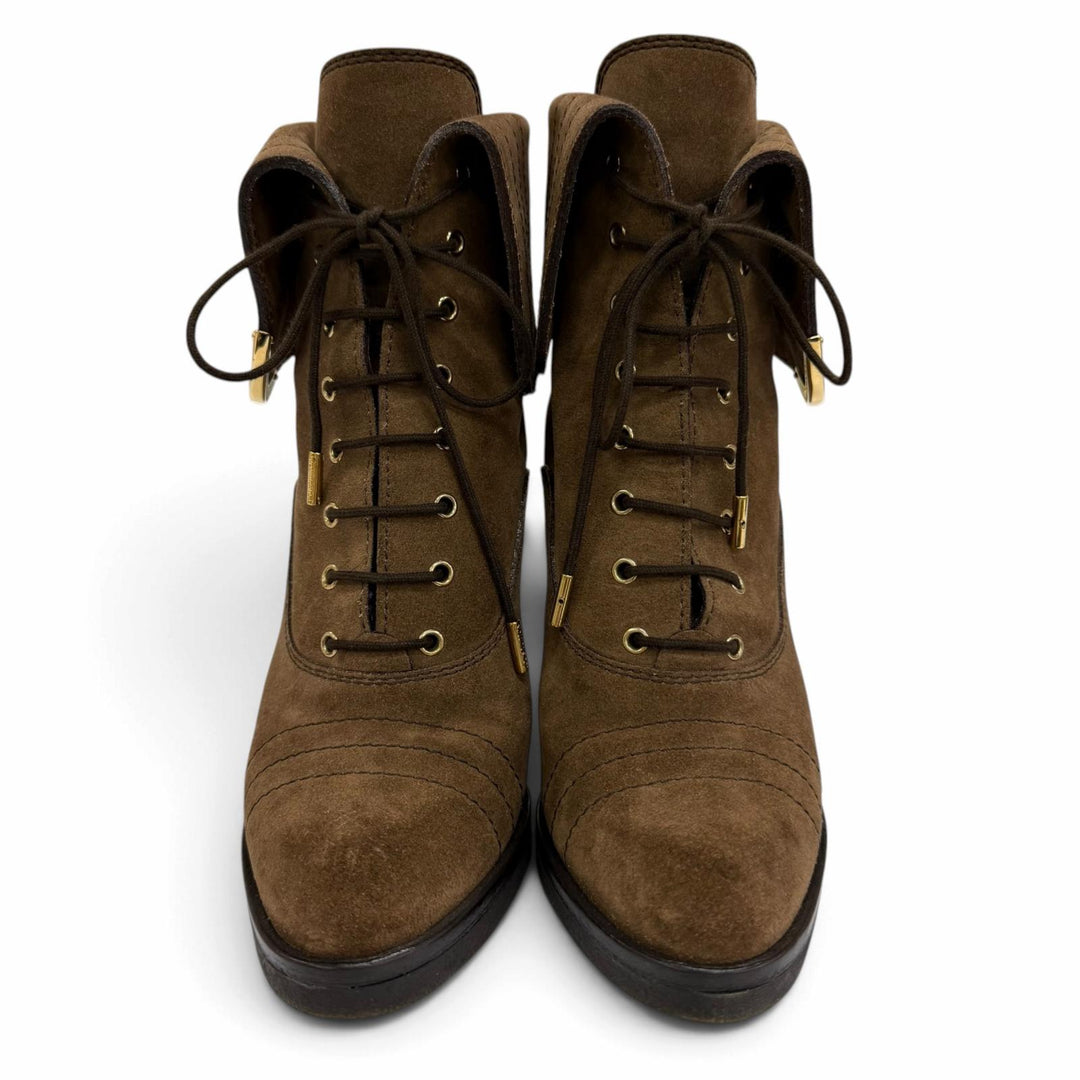 Excellent LOUIS VUITTON short boots Logo Metal Lace-up Suede Leather Brown IT 36