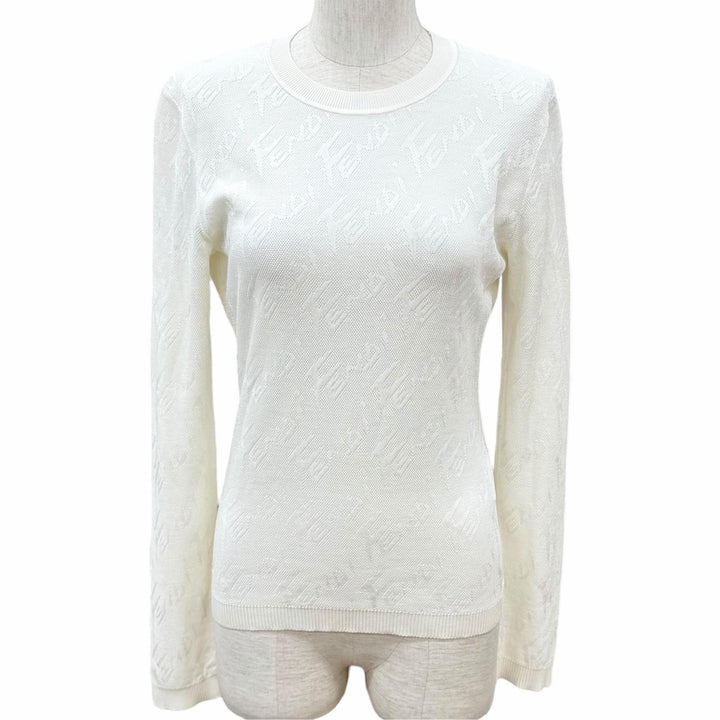 Excellent FENDI knit Logo print crew neck long sleeve Ivory cotton IT 42 FZX773
