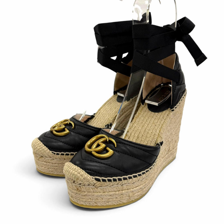 Pristine GUCCI Sandals GG Marmont Lace-Up Espadrille Wedge Heel 35.5 573023