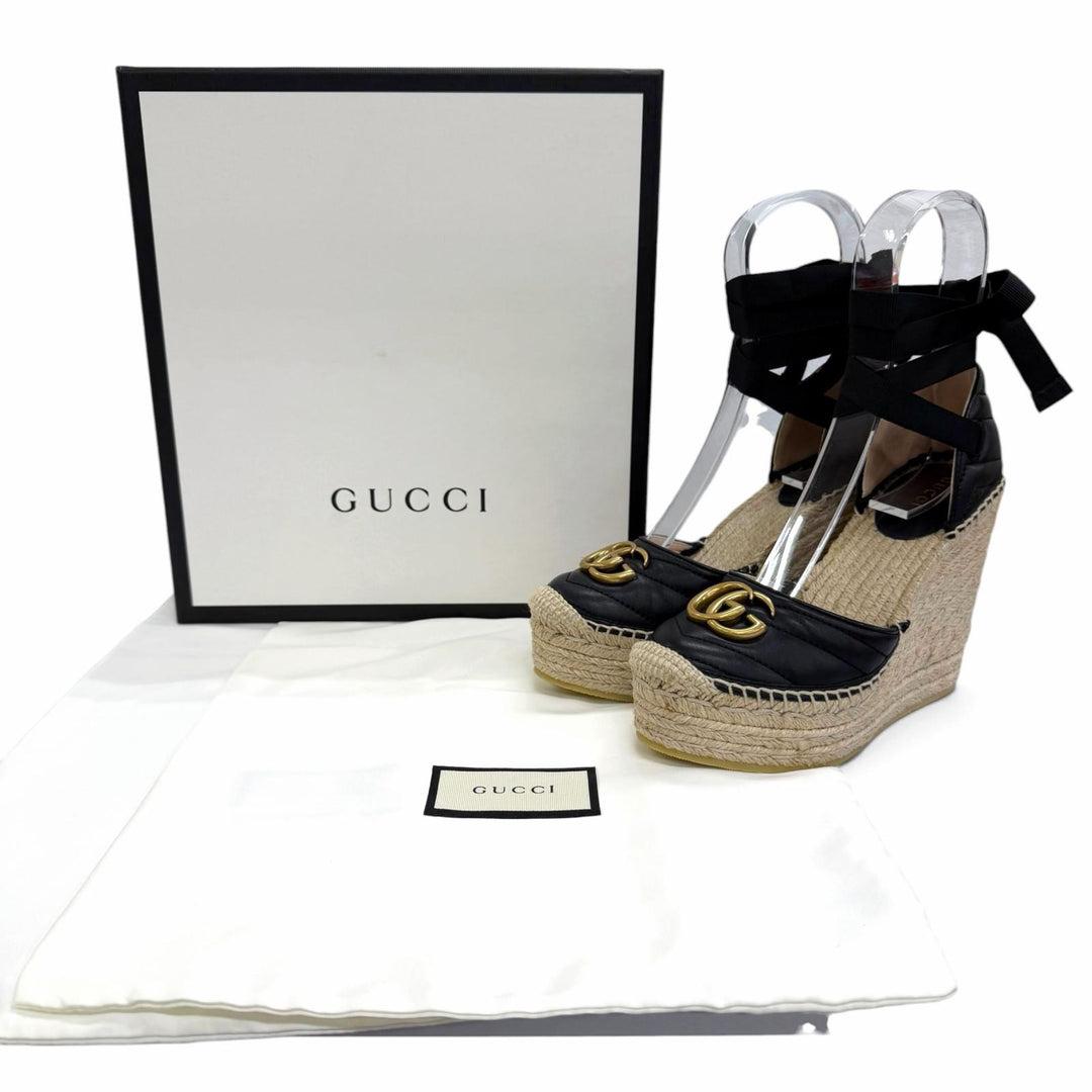 Pristine GUCCI Sandals GG Marmont Lace-Up Espadrille Wedge Heel 35.5 573023