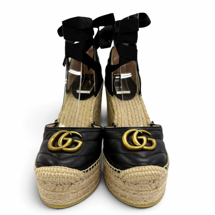 Pristine GUCCI Sandals GG Marmont Lace-Up Espadrille Wedge Heel 35.5 573023