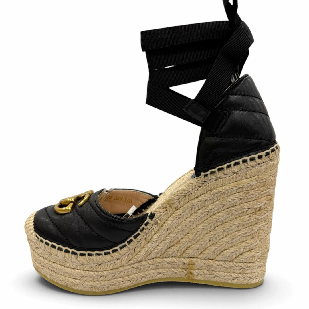 Pristine GUCCI Sandals GG Marmont Lace-Up Espadrille Wedge Heel 35.5 573023