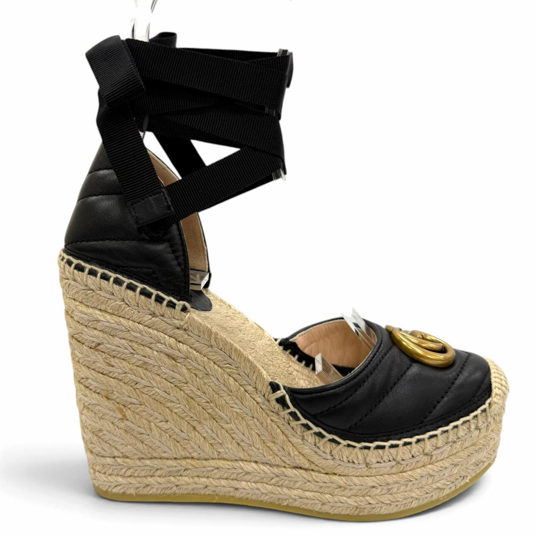 Pristine GUCCI Sandals GG Marmont Lace-Up Espadrille Wedge Heel 35.5 573023