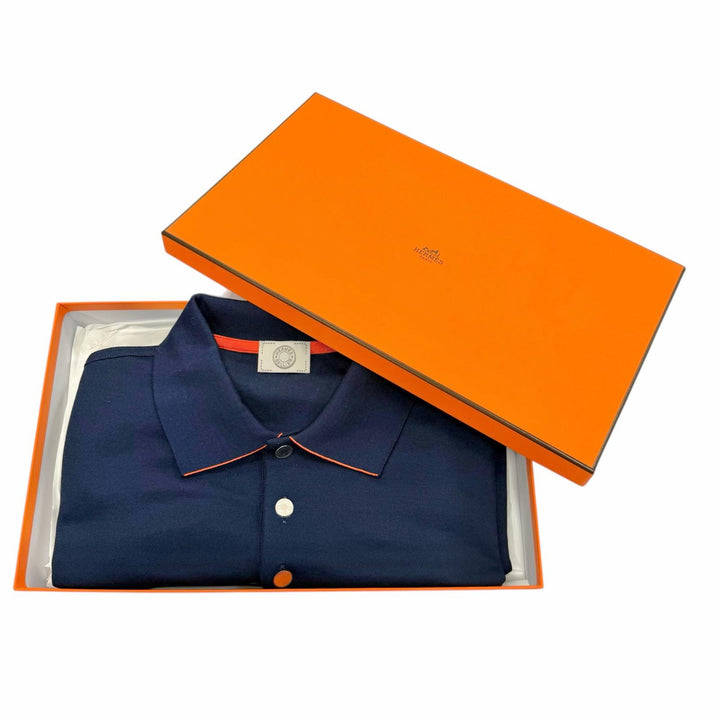Pristine HERMES Short sleeve polo shirt Double Jeu Serie button Navy L H800271E