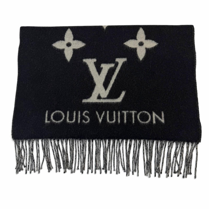 Excellent LOUIS VUITTON Scarf Reykjavik Monogrammed with fringe Noir M71040
