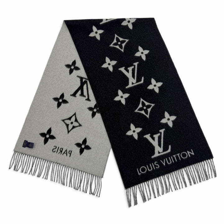 Excellent LOUIS VUITTON Scarf Reykjavik Monogrammed with fringe Noir M71040