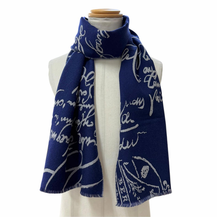 Excellent BERLUTI Scarf Calligraphy Knit Navy wool mens