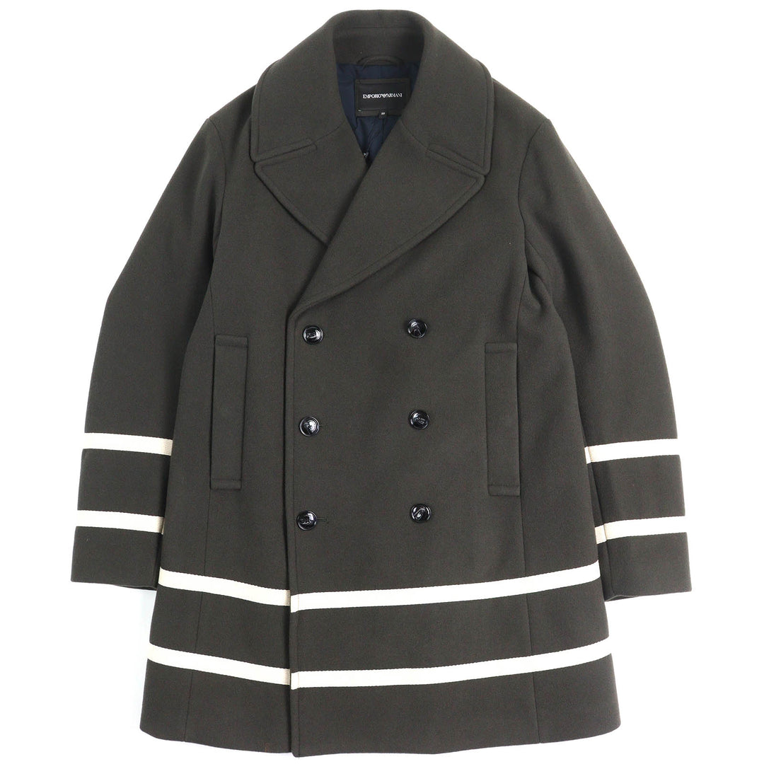 Pristine EMPORIO ARMANI coat logo button, double-breasted Khaki Ivory wool mens 50 6K1L80