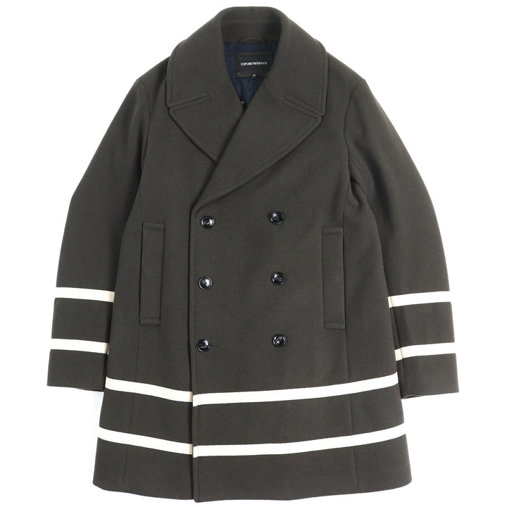 Pristine EMPORIO ARMANI coat logo button, double-breasted Khaki Ivory wool mens 50 6K1L80