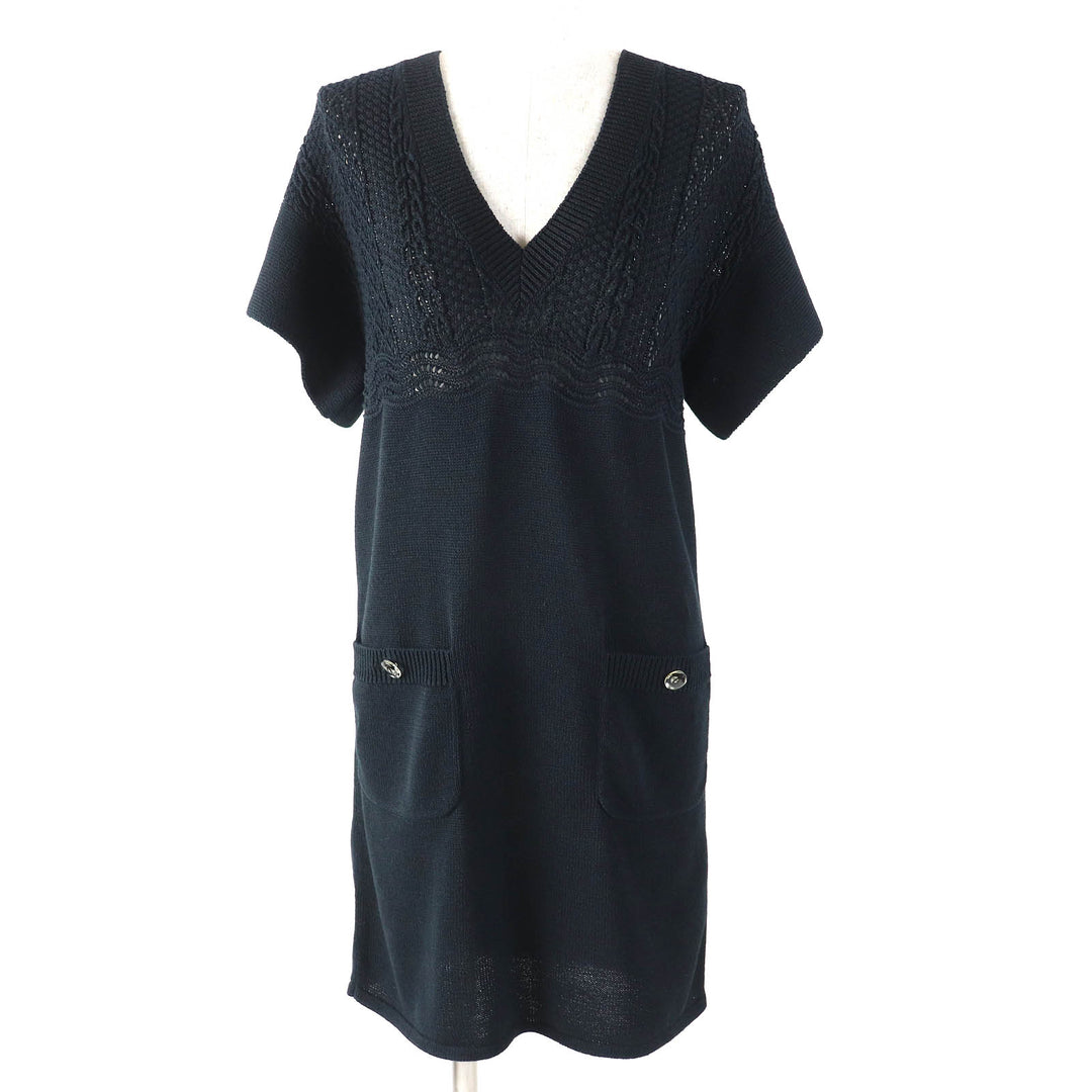 Great CHANEL Dresses Clear COCO Mark button openwork V-neck knit Navy cotton
