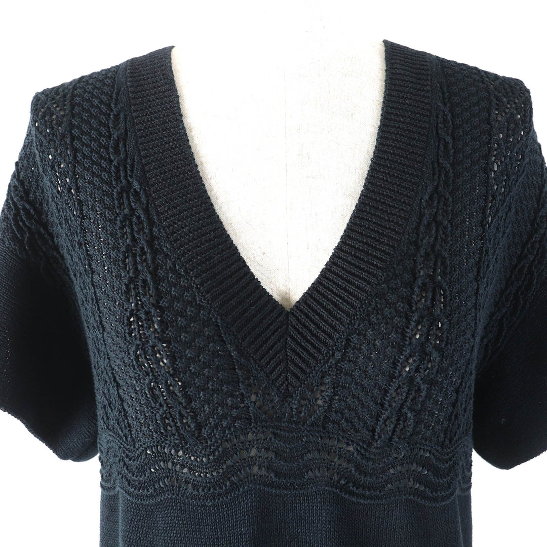 Great CHANEL Dresses Clear COCO Mark button openwork V-neck knit Navy cotton