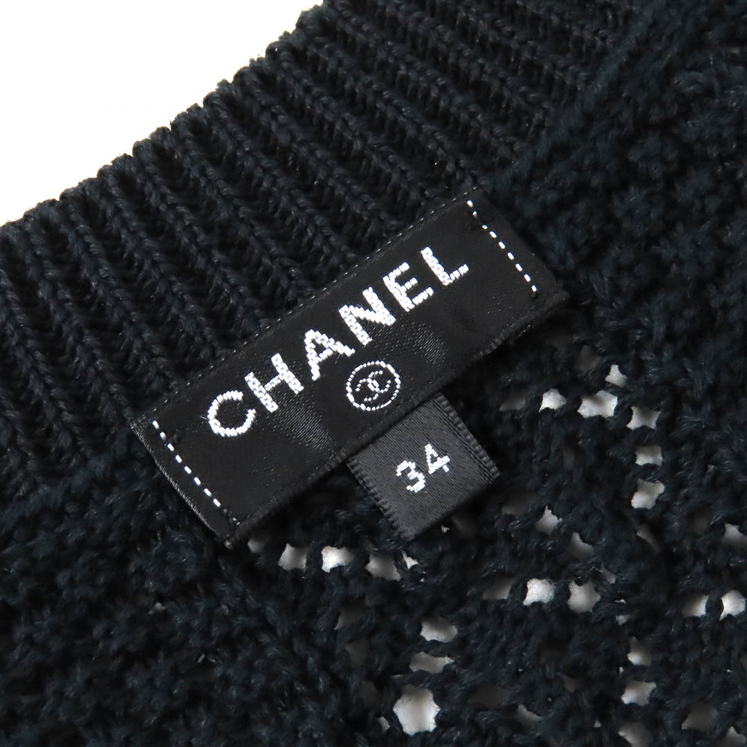 Great CHANEL Dresses Clear COCO Mark button openwork V-neck knit Navy cotton