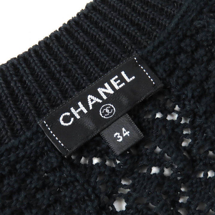 Great CHANEL Dresses Clear COCO Mark button openwork V-neck knit Navy cotton
