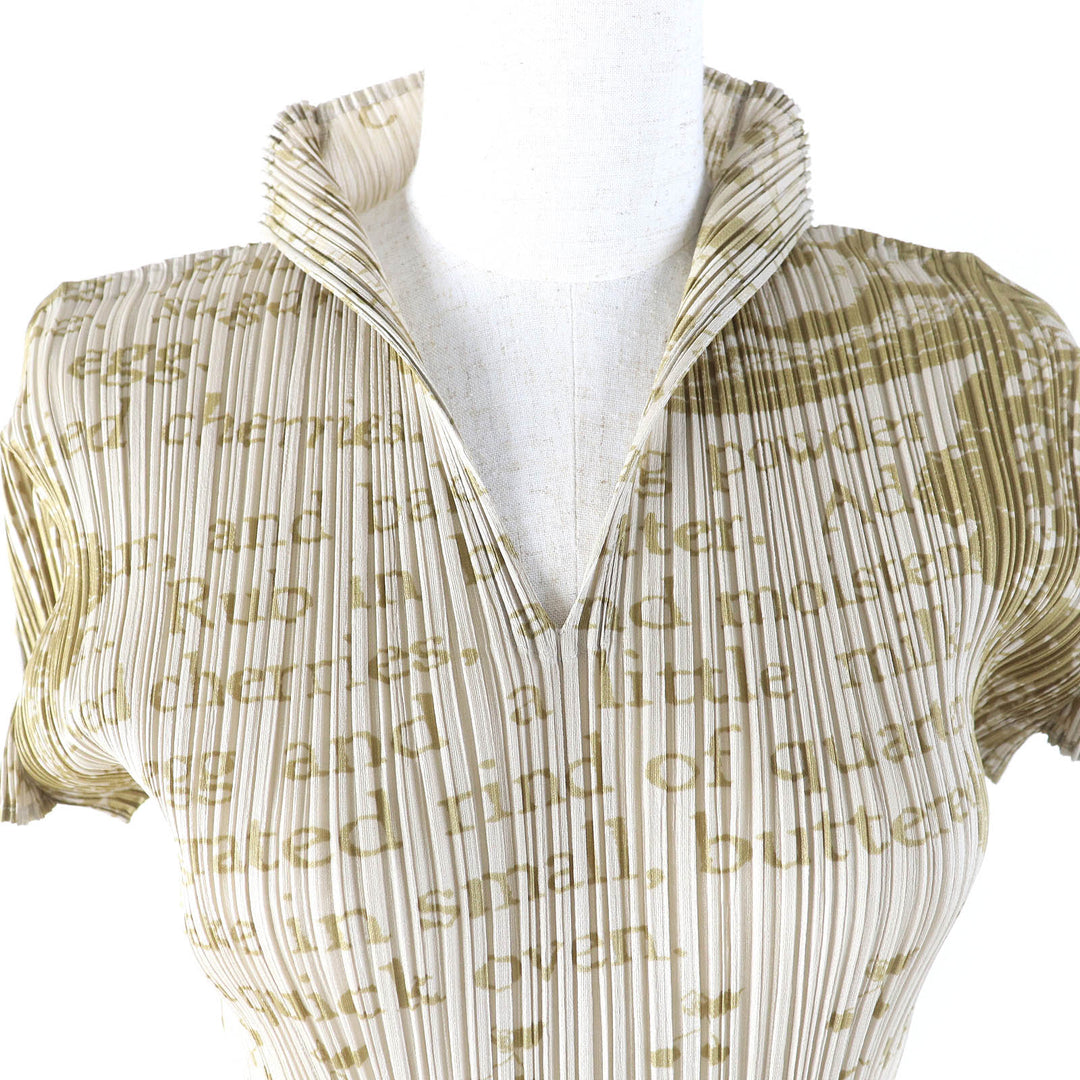 Excellent PLEATS PLEASE T-shirt Letter Print Skipper High Neck Beige Women 3