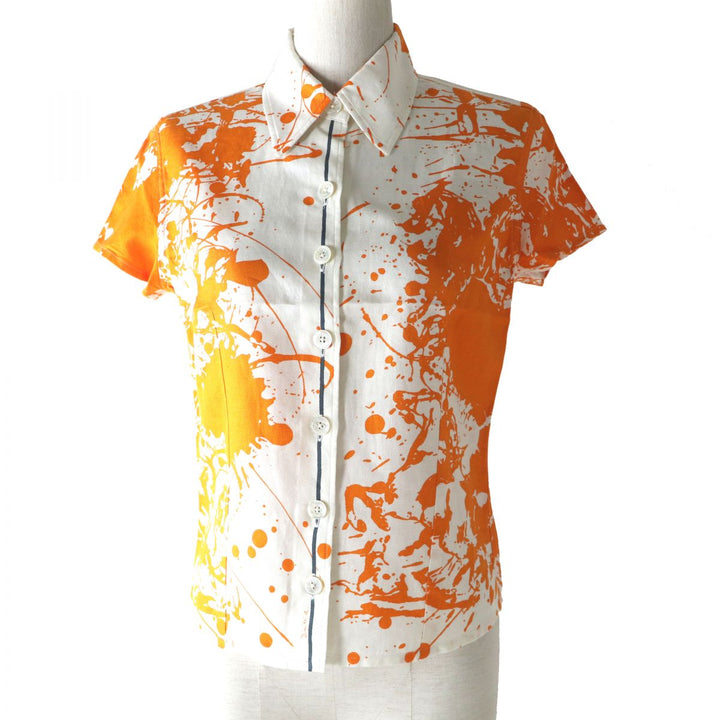 Discounted Excellent HERMES Short sleeve shirt White x Orange All-over Pattern Women 36