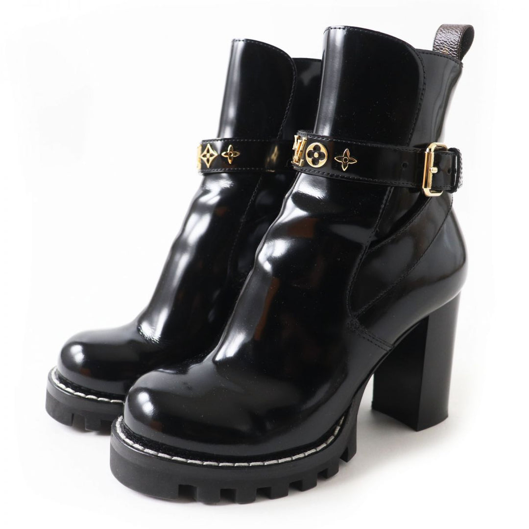 Discounted Excellent LOUIS VUITTON boots Black x Gold Metal Patent leather Women 36