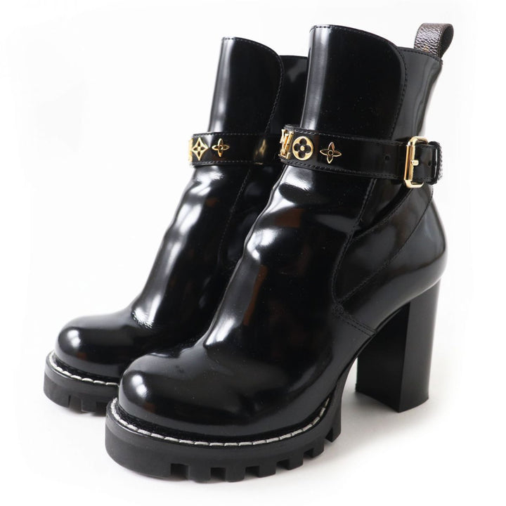 Discounted Excellent LOUIS VUITTON boots Black x Gold Metal Patent leather Women 36