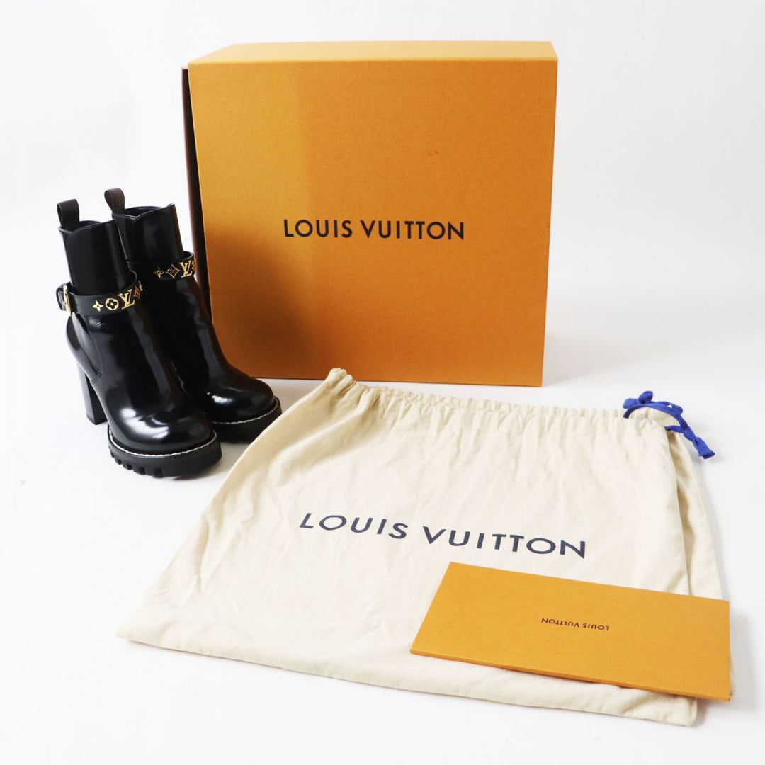 Discounted Excellent LOUIS VUITTON boots Black x Gold Metal Patent leather Women 36