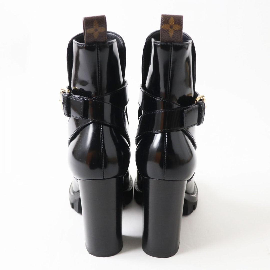 Discounted Excellent LOUIS VUITTON boots Black x Gold Metal Patent leather Women 36