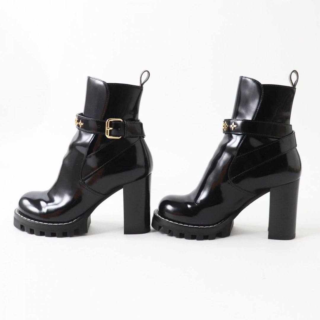 Discounted Excellent LOUIS VUITTON boots Black x Gold Metal Patent leather Women 36